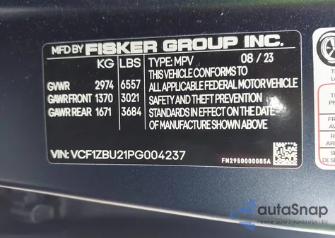 2023 Fisker Ocean One из США, поврежденный, VIN VCF1ZBU21PG004237